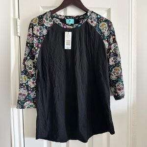 South Main Women's Black 3/4 Sleeve Sugar Skull Raglan Tee, Size Large